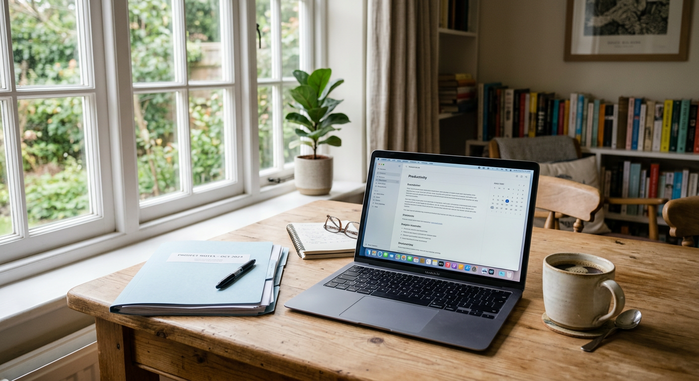 Nano Banana 2 - An interior shot of a quiet_ well-lit home office or kitchen table with a laptop_ a_2